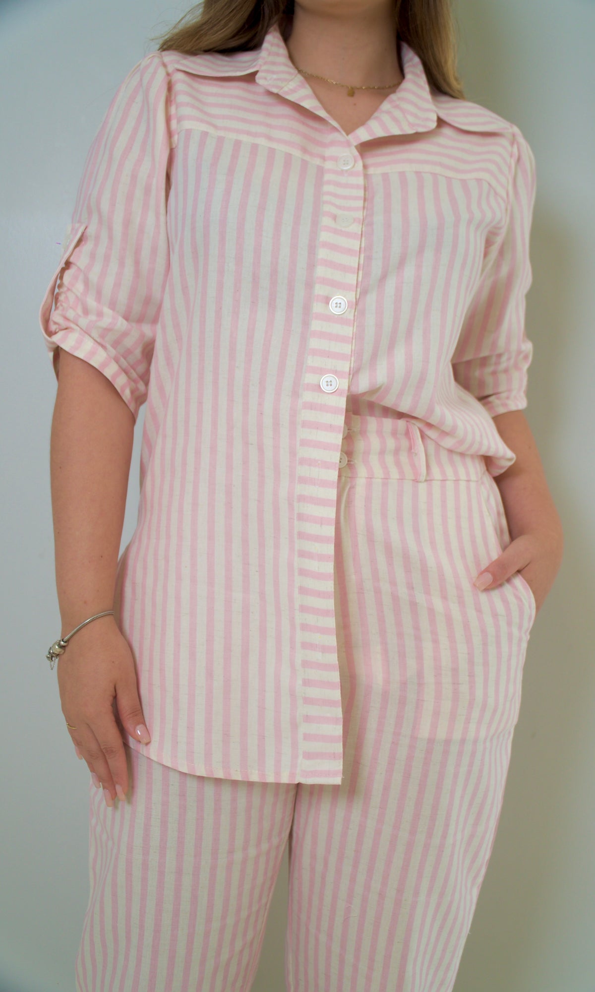 Camisa de Linho Listrada Izabel - Rosa Claro