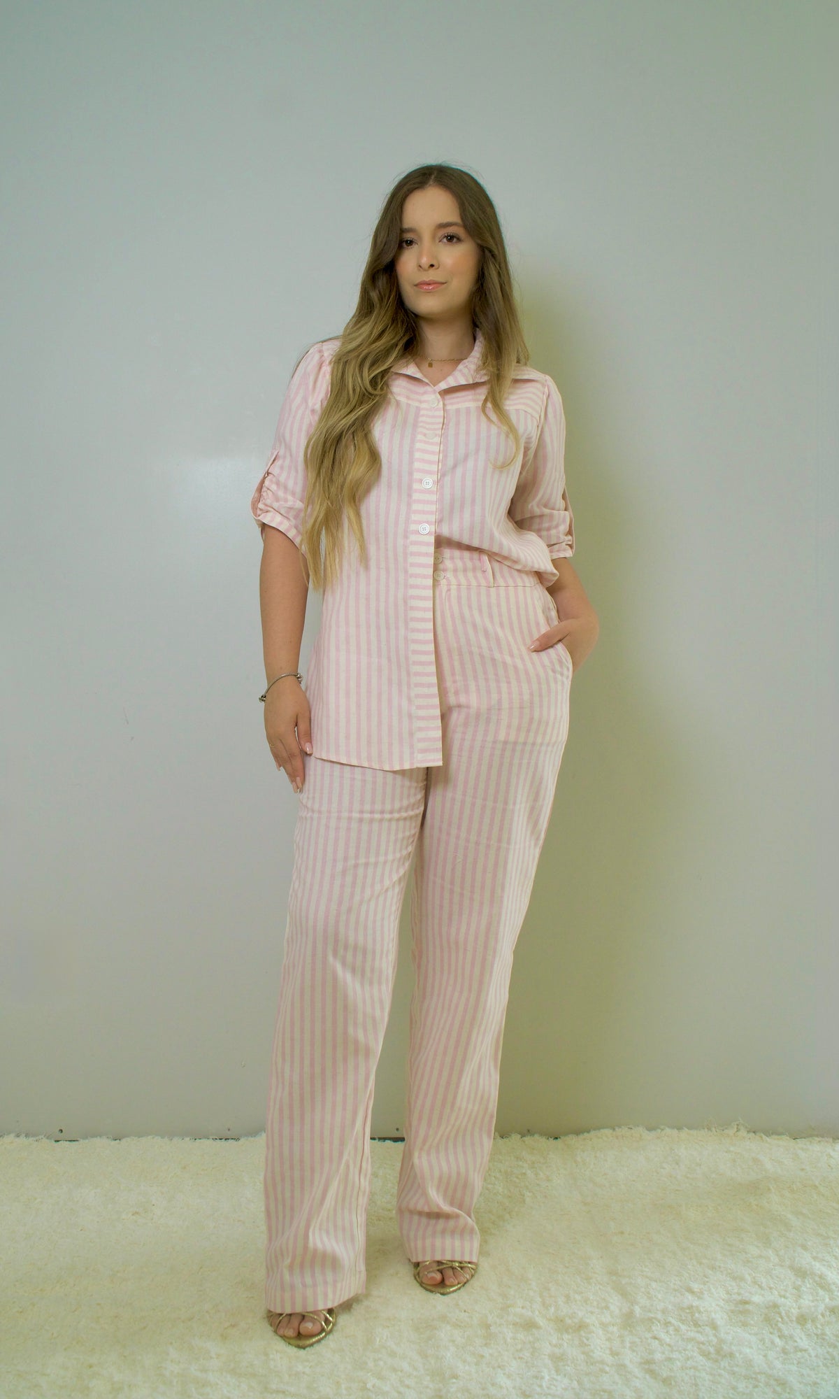 Calça de Linho Listrada - Rosa Claro