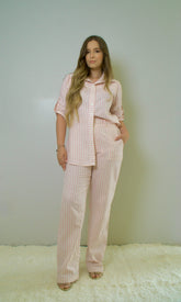 Calça de Linho Listrada - Rosa Claro