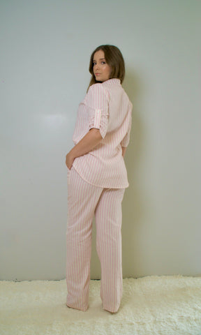 Calça de Linho Listrada - Rosa Claro