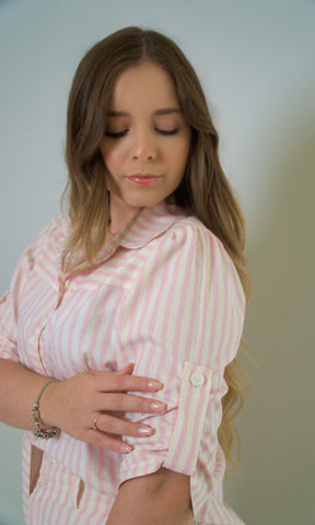 Camisa de Linho Listrada Izabel - Rosa Claro