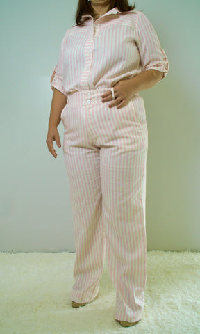 Calça de Linho Listrada - Rosa Claro