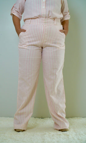 Calça de Linho Listrada - Rosa Claro
