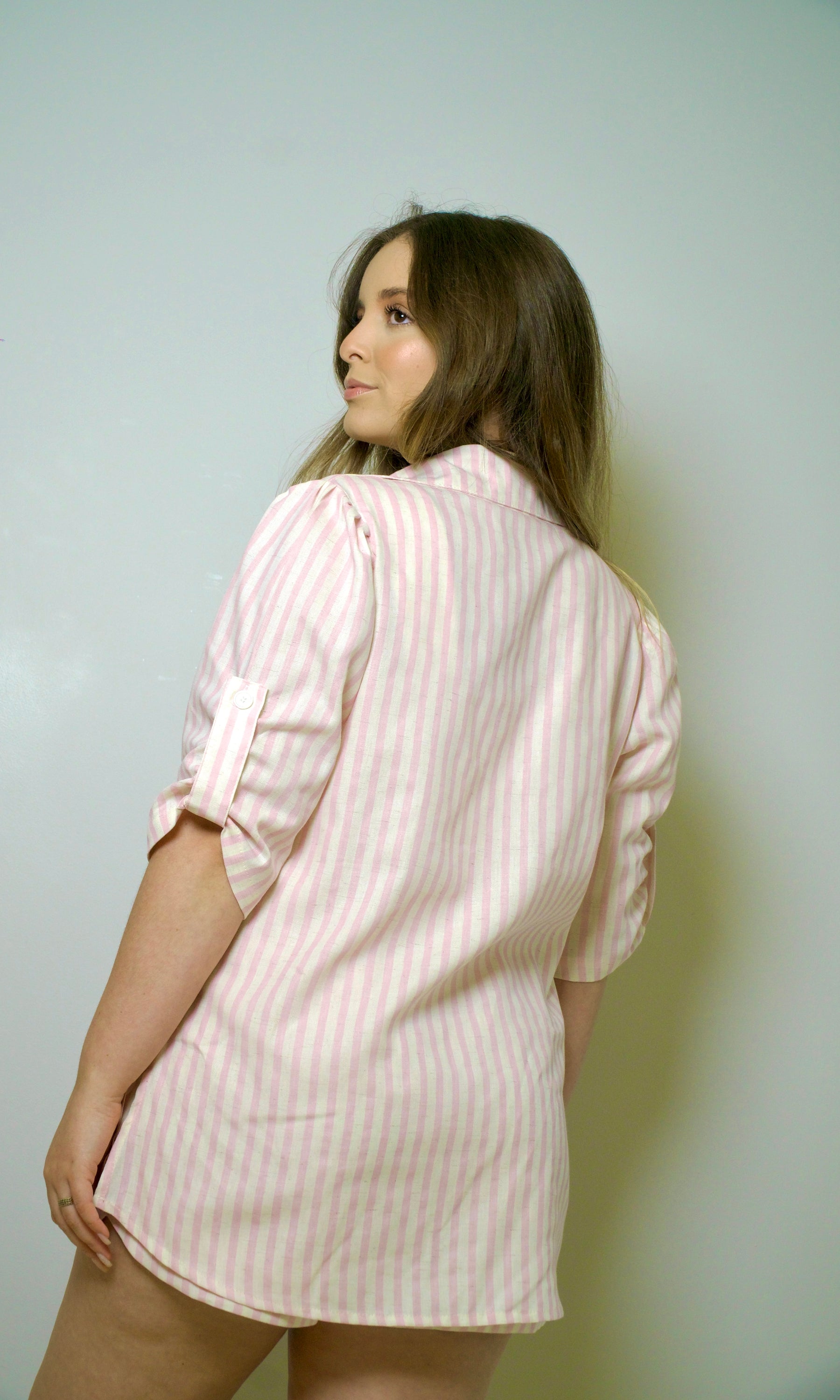 Camisa de Linho Listrada Izabel - Rosa Claro