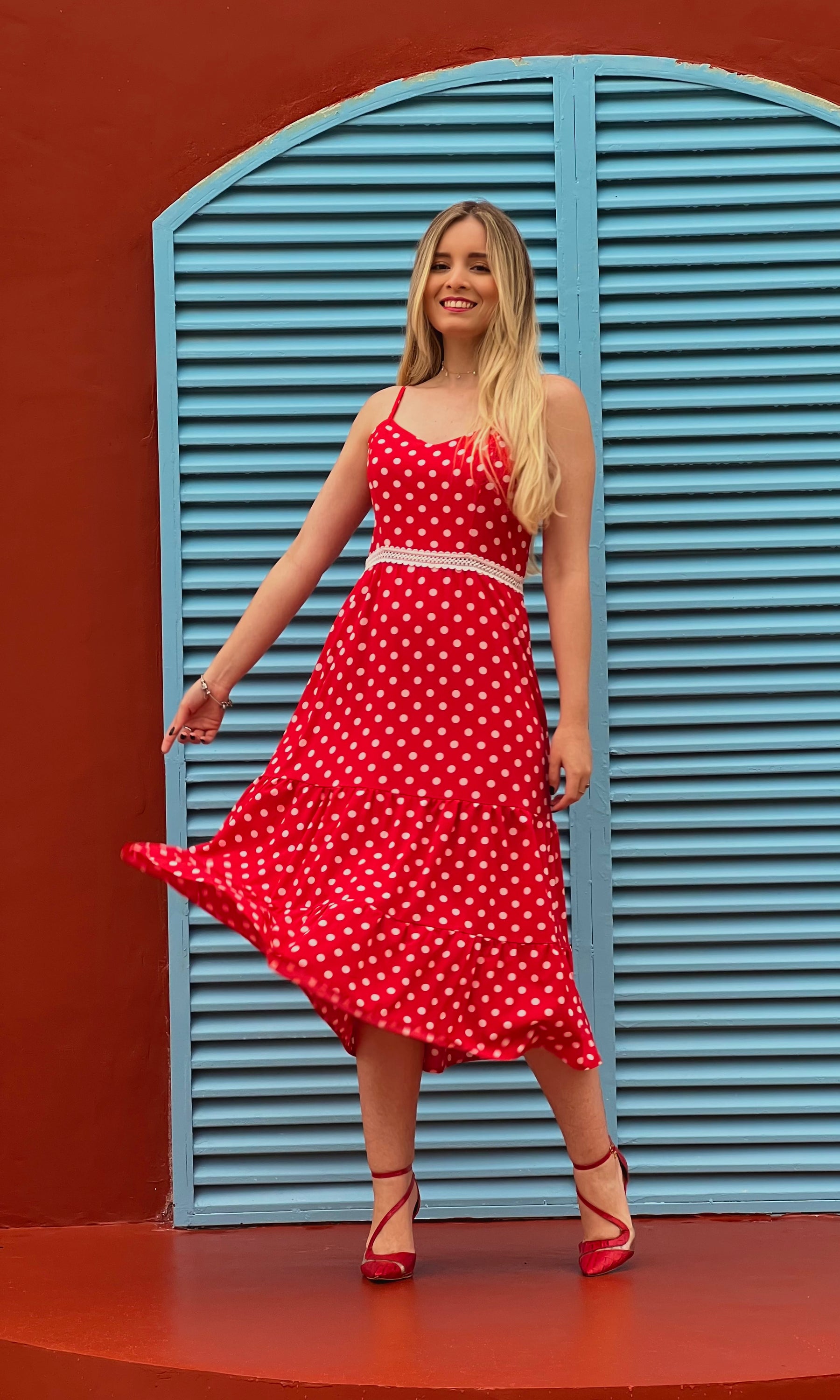 Vestido Midi Janaina - Poá Vermelho